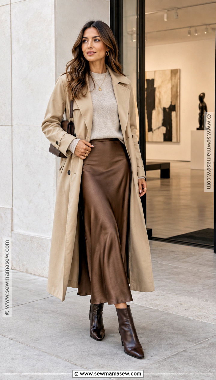 Trench Coat With Satin Slip Skirt - 20 fall outfits trench coat