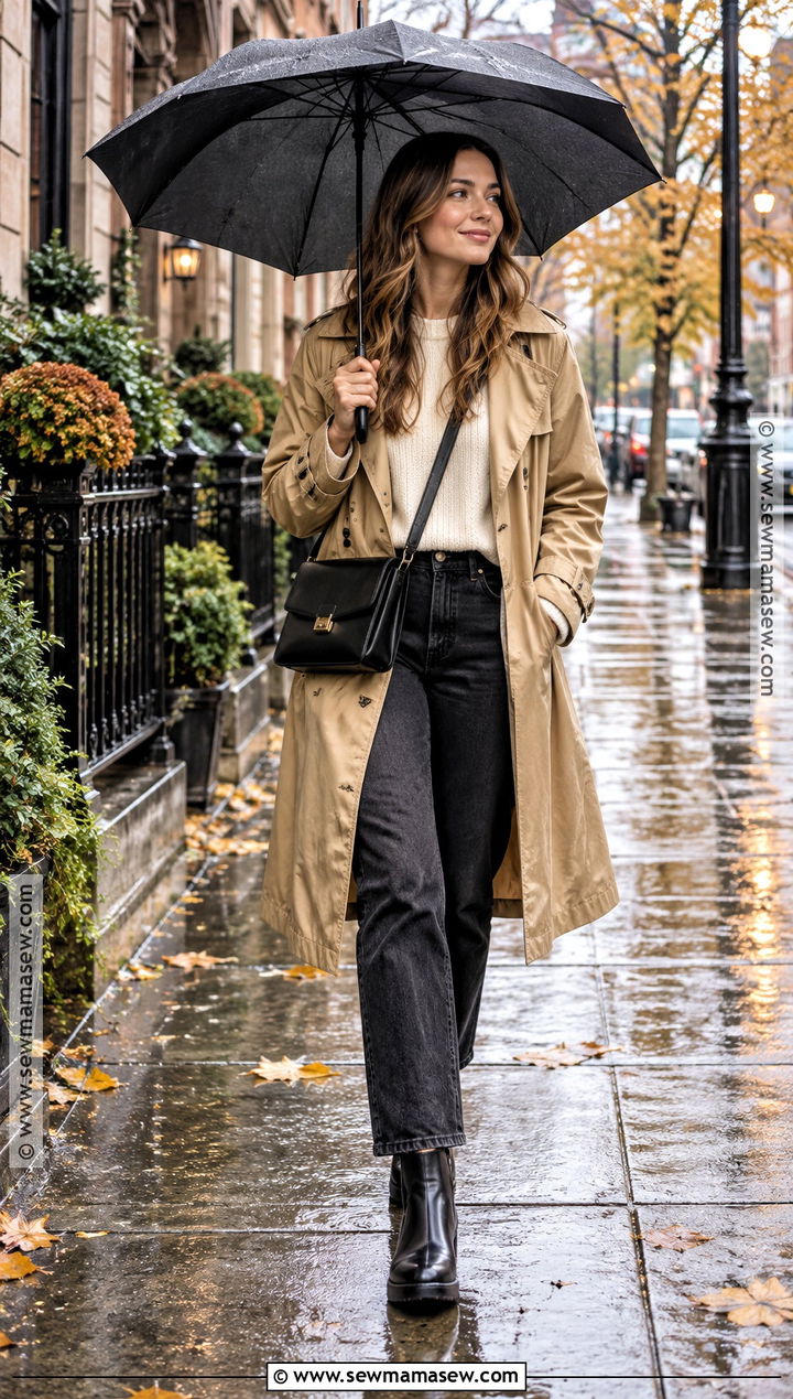Trench Coat With Straight Leg Jeans And Chelsea Boots - 15 comfy rainy day outfit fall ideas