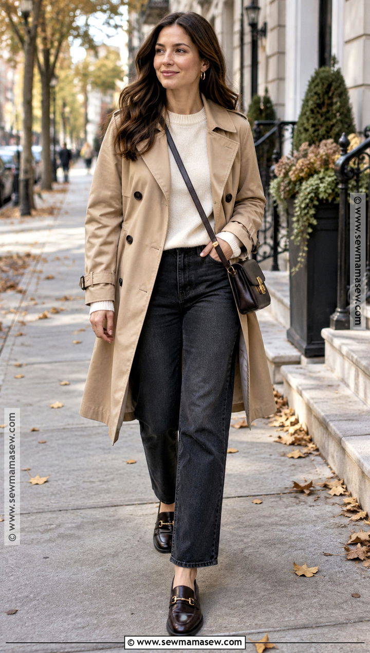 Trench Coat With Straight Leg Jeans And Loafers - 15 Women Over 25 Fall Outfits
