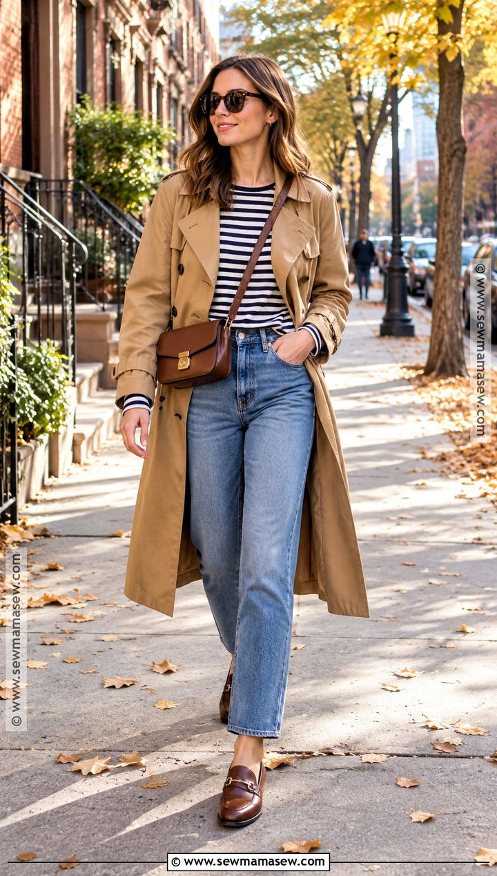Trench Coat With Striped Shirt And Jeans - 20 Fall Comfortable Outfits