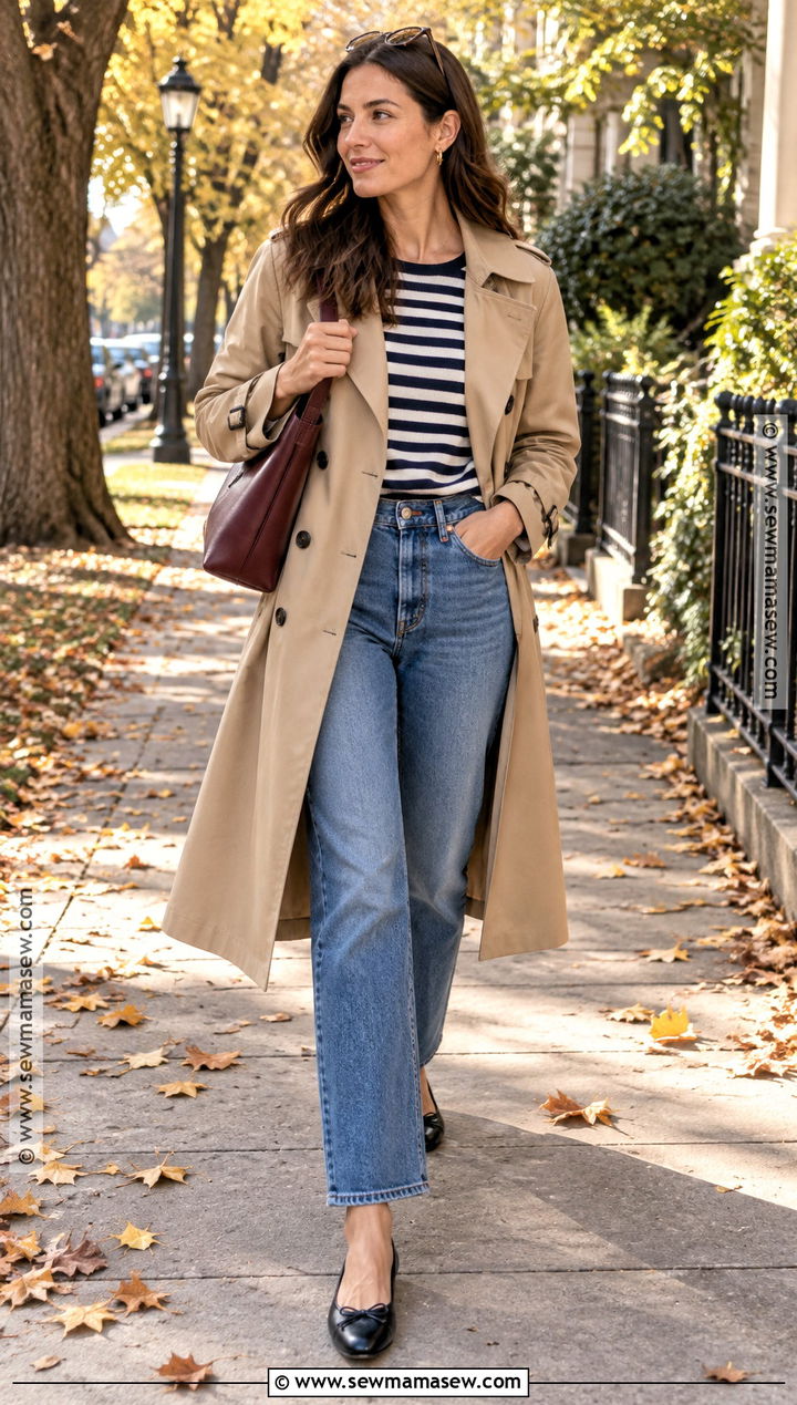 Trench Coat With Striped Shirt And Relaxed Jeans - 15 trench coat outfit 2026 fall ideas