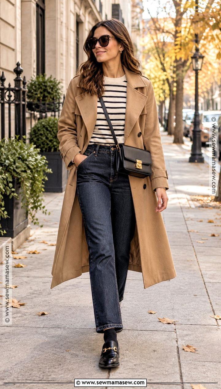 Trench Coat With Striped Shirt And Straight Leg Jeans - 15 capsule wardrobe fall winter ideas 2026