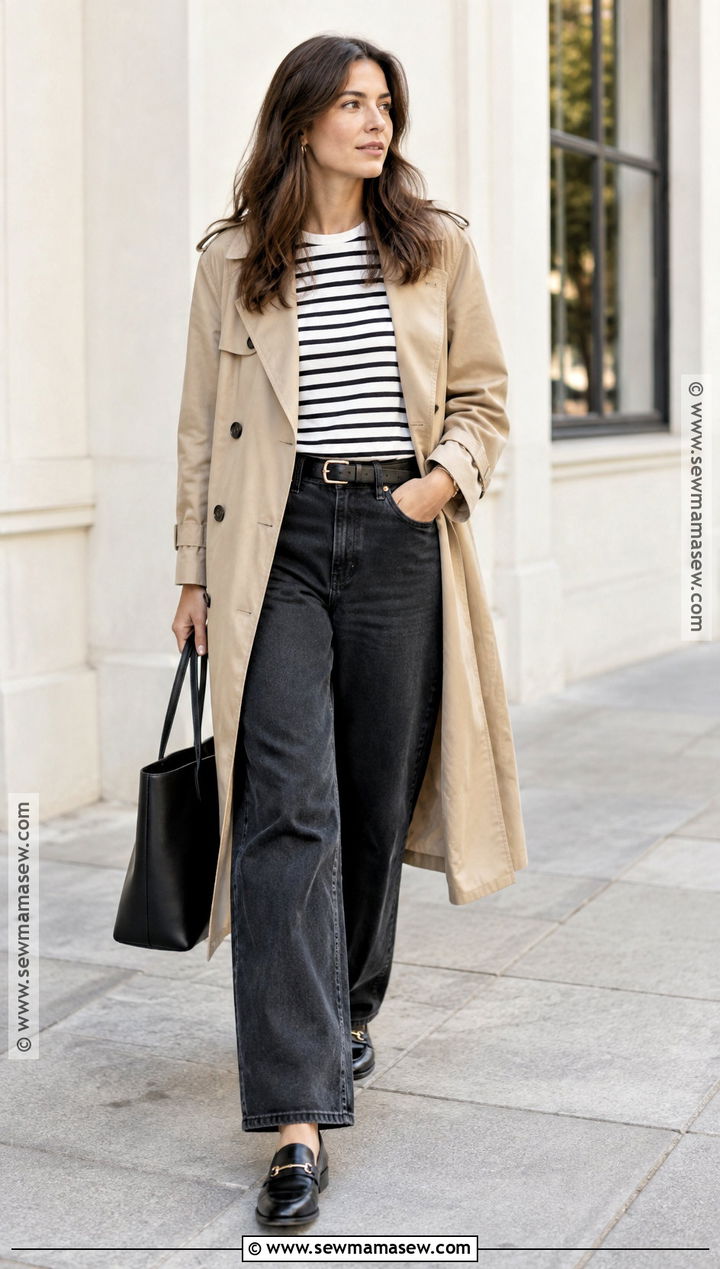 Trench Coat With Striped Shirt And Wide Leg Jeans - 15 fall fit inspo ideas 2026