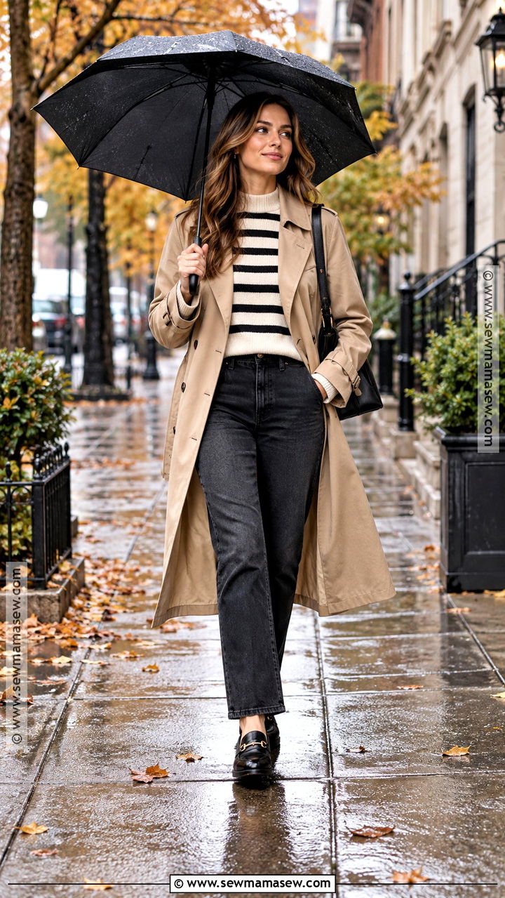 Trench Coat With Striped Sweater And Dark Jeans - 20 capsule wardrobe fall winter ideas