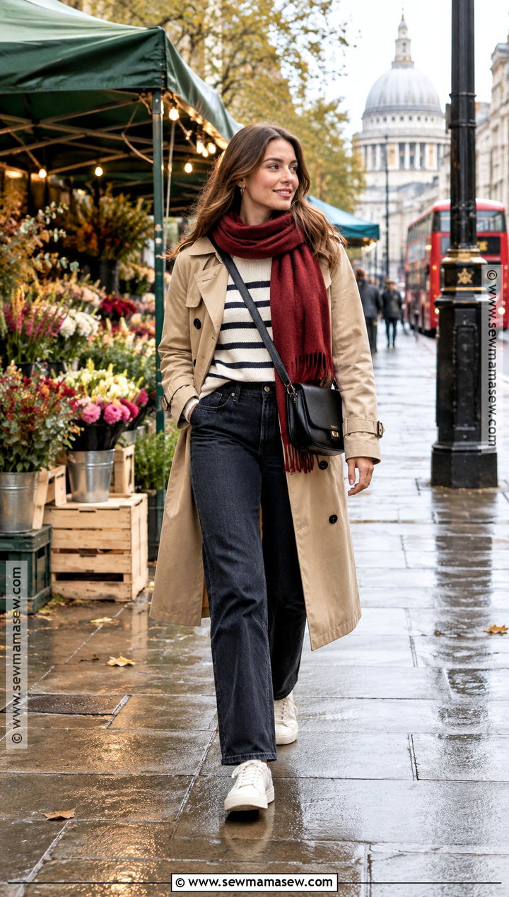 Trench Coat With Striped Sweater And Sneakers - 20 November London Outfit Ideas