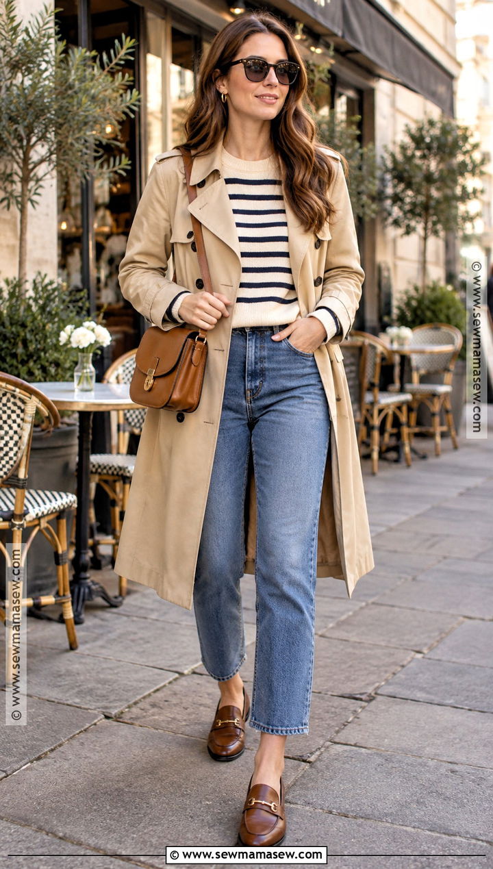Trench Coat With Striped Sweater and Blue Jeans - 20 autumn trench coat outfit ideas