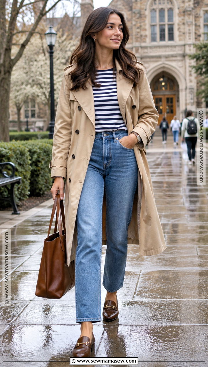 Trench Coat With Striped T Shirt And Jeans - 15 back to school outfits grad school