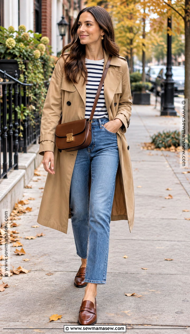 Trench Coat With Striped Tee and Straight Jeans - 15 2026 Capsule Wardrobe Fall Ideas