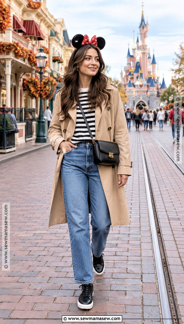 Trench Coat With Striped Top And Jeans - 20 Disney Paris Outfits Autumn