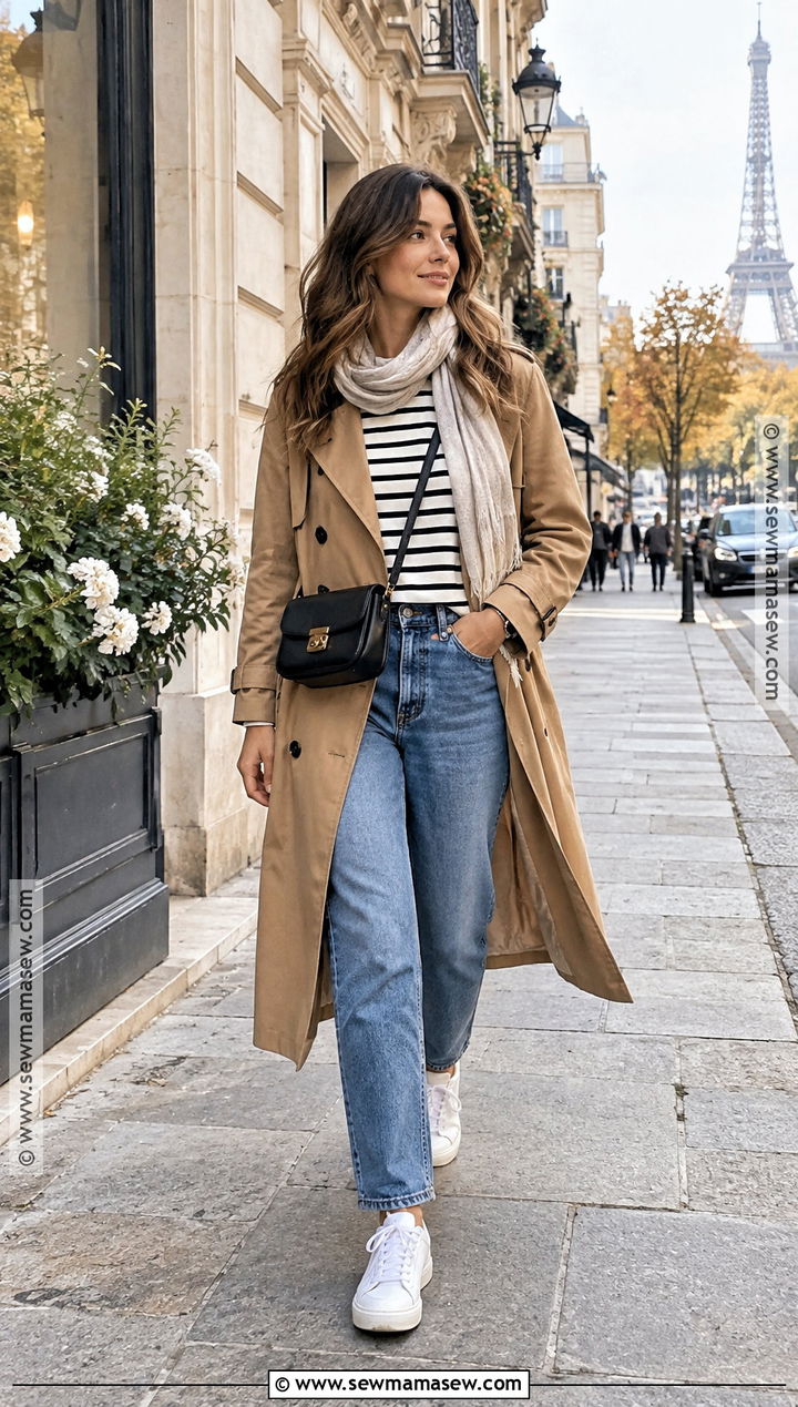 Trench Coat With Striped Top And Straight Jeans - 15 travel capsule wardrobe fall europe ideas 2026