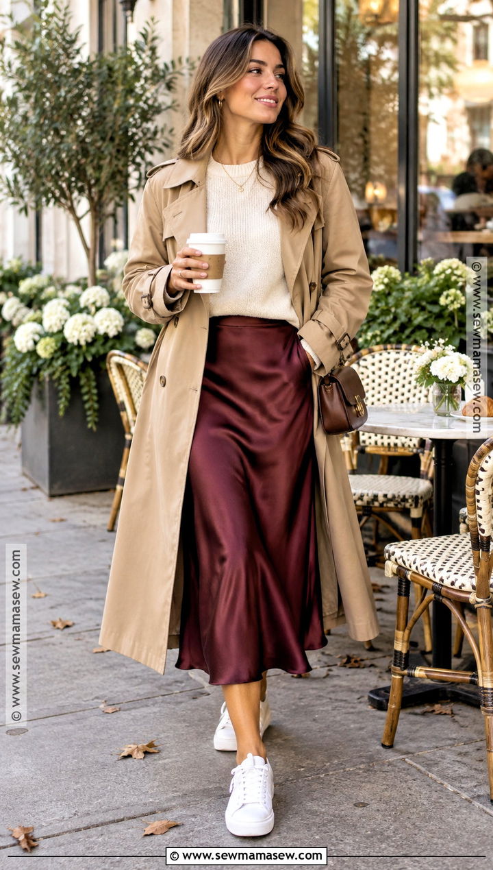 Trench Coat With Sweater And Midi Skirt - 15 casual fall trench coat ideas
