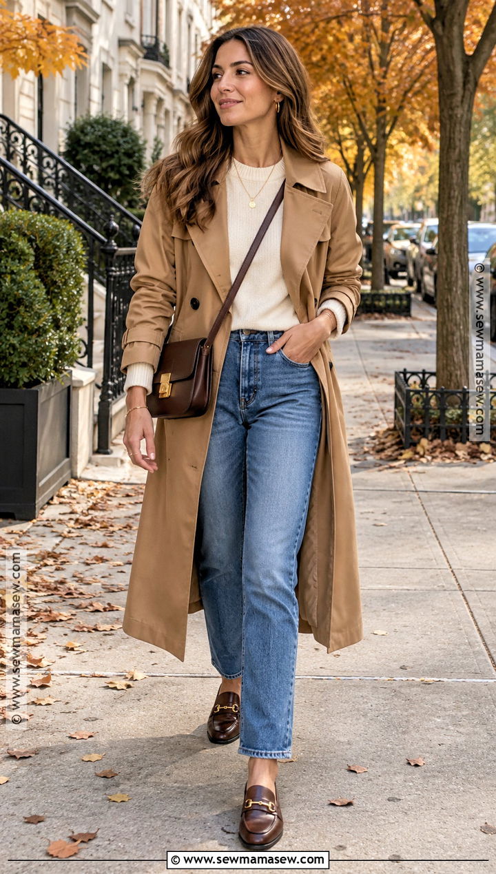 Trench Coat With Sweater And Straight Jeans Outfit - 25 fall and winter outfits