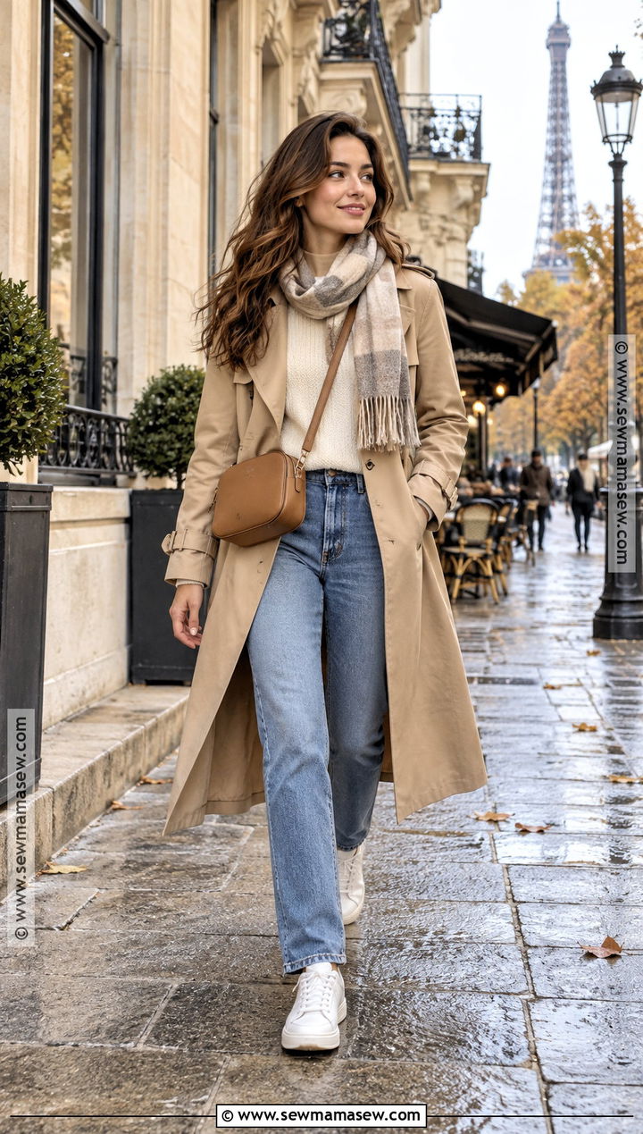 Trench Coat With Sweater And Straight Leg Jeans - 15 europe vacation outfits fall