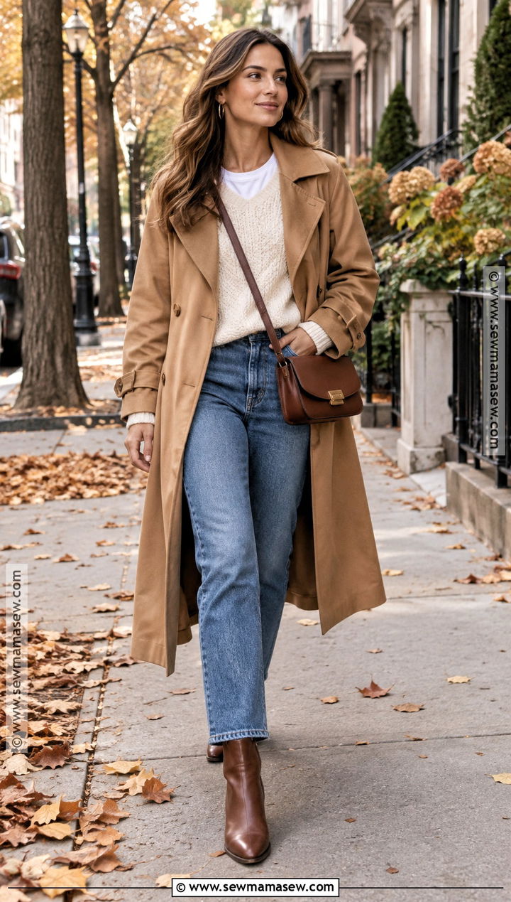 Trench Coat With Sweater And Straight Leg Jeans - 25 autumn layering outfit ideas