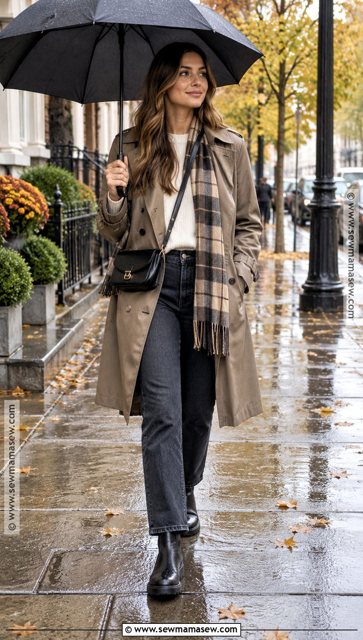 Trench Coat With Sweater And Straight Leg Jeans - 15 cozy fall outfits casual rainy day