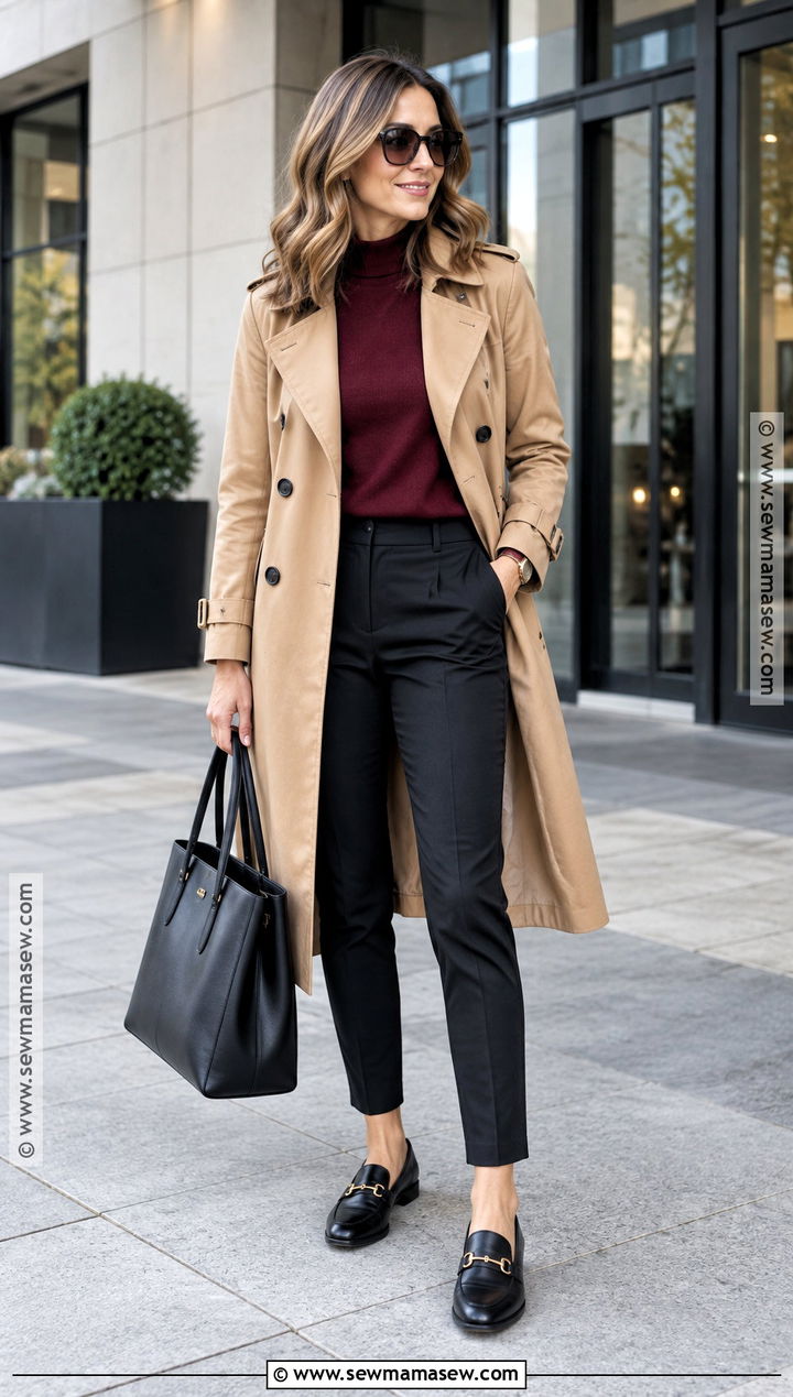 Trench Coat With Sweater Ankle Pants and Loafers - 20 Simple Fall Outfits for Moms