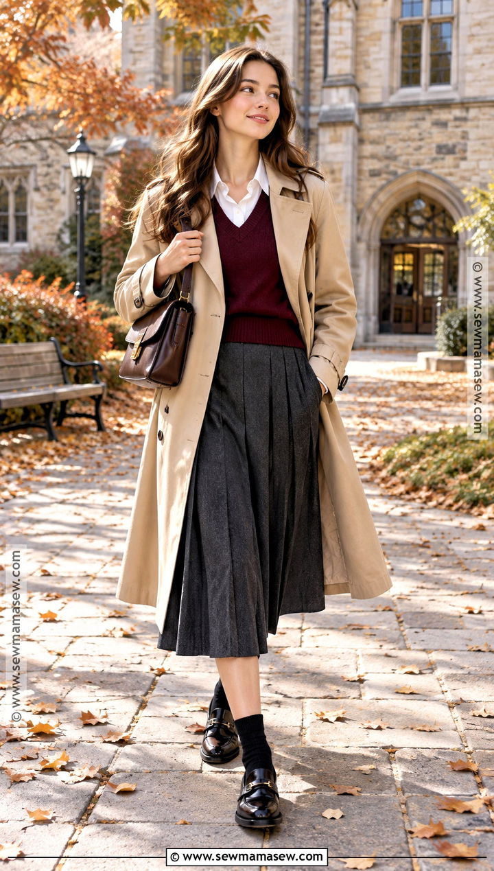 Trench Coat With Sweater Vest And Pleated Skirt - 15 autumn fashion outfit with trench coat ideas