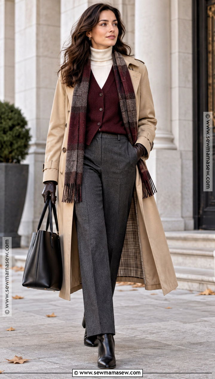 Trench Coat With Sweater Vest And Wool Pants - 20 30 degree weather outfit fall ideas