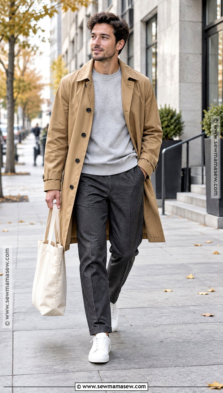 Trench Coat With Sweatshirt and Casual Trousers - 20 Men Autumn Outfit Casual Ideas