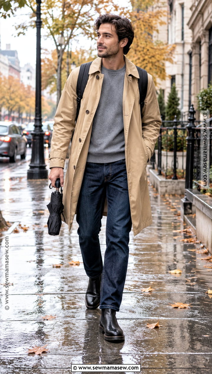 Trench Coat With Sweatshirt and Jeans - 20 fall outfits for men casual