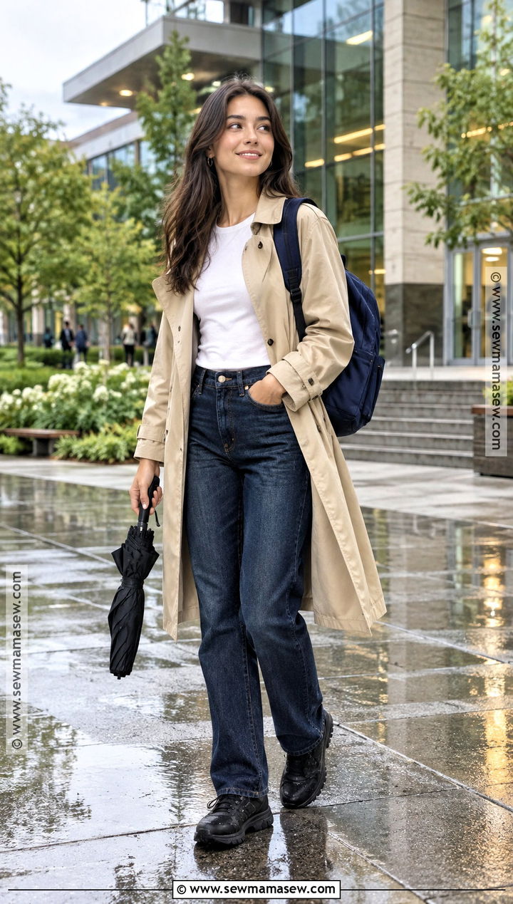Trench Coat With T Shirt And Straight Leg Jeans - 15 back to school fashion ideas