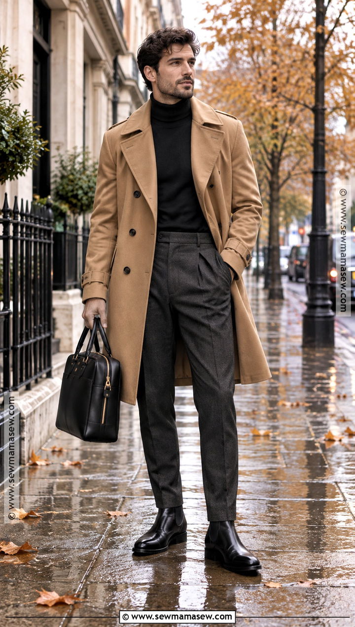 Trench Coat With Turtleneck And Pleated Trousers - 15 Male Outfits Autumn