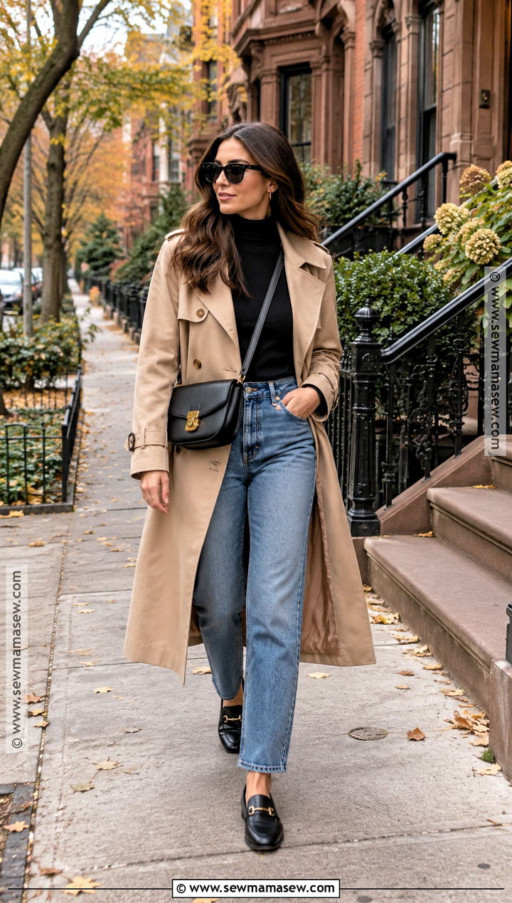Trench Coat With Turtleneck And Straight Leg Jeans - 15 Weekend In New York City Outfits Fall