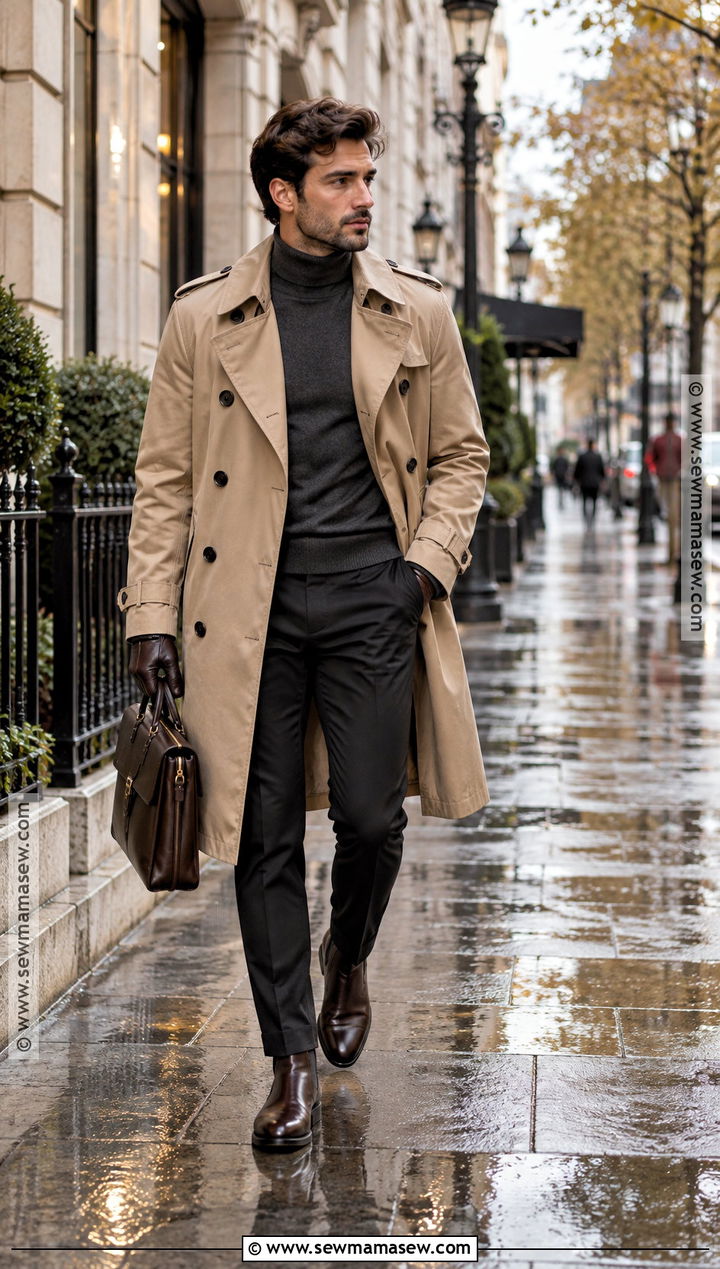 Trench Coat With Turtleneck And Tailored Trousers - 20 Mens Fall Style Ideas