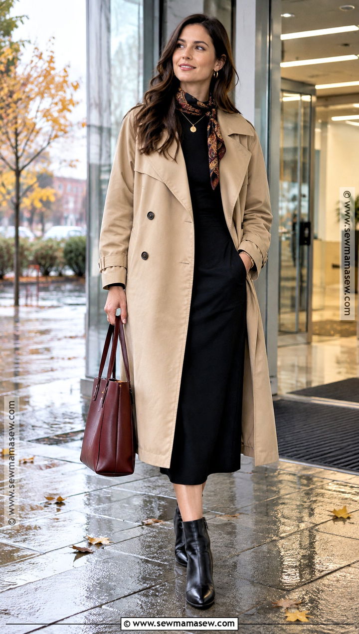 Trench Coat and Black Midi Dress Fall Office Outfit - 25 fall office outfits for women