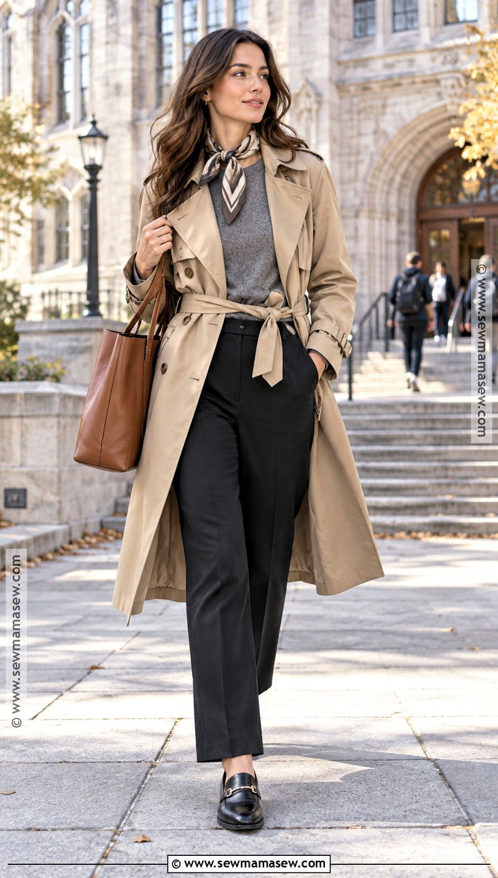 Trench Coat and Black Trousers Back to School Outfit - 15 elegant back to school outfits