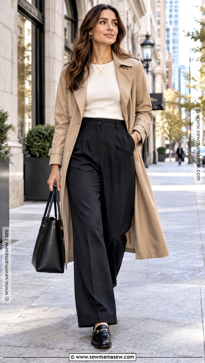 Trench Coat and Black Trousers Transition Outfit - 15 summer to fall transition outfits capsule wardrobe