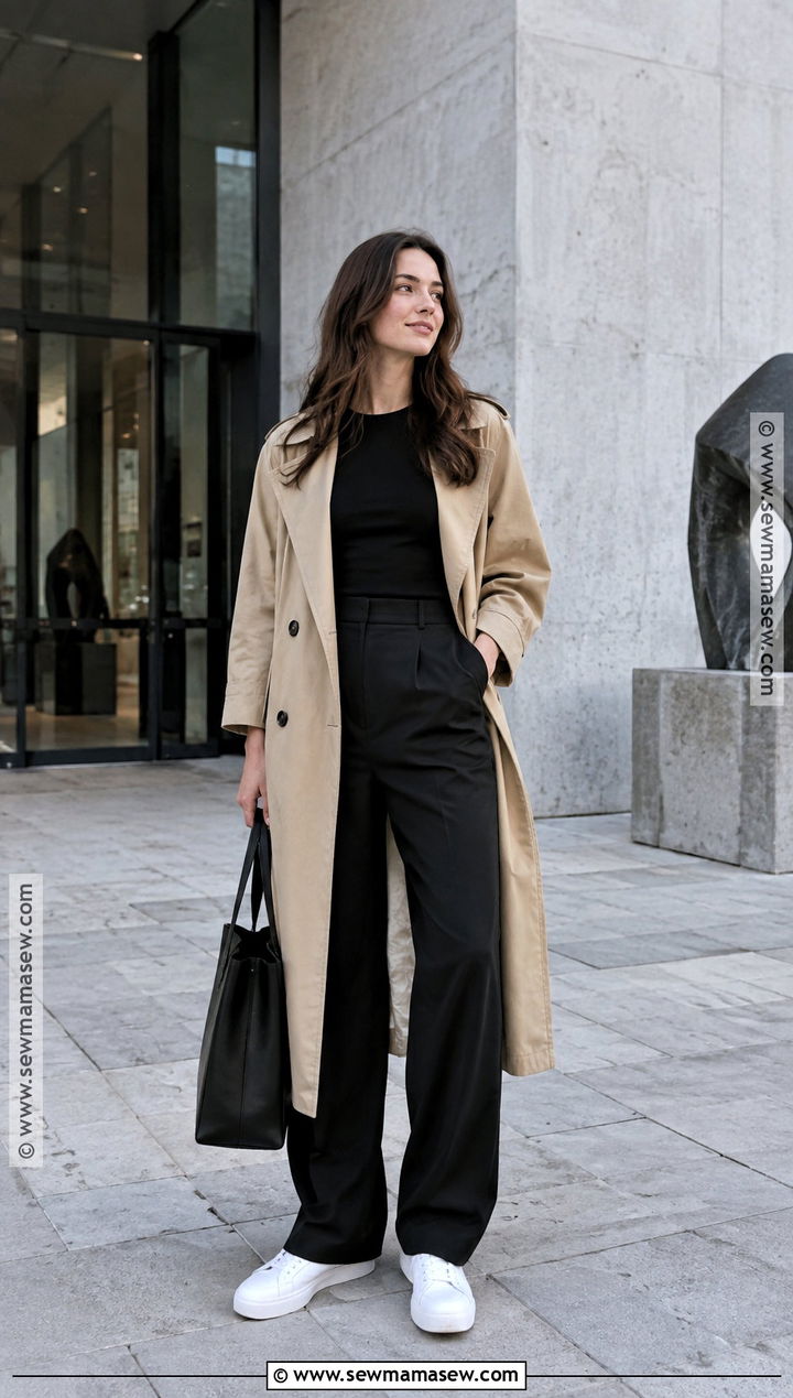 Trench Coat and Black Trousers University Outfit - 20 university outfit autumn ideas