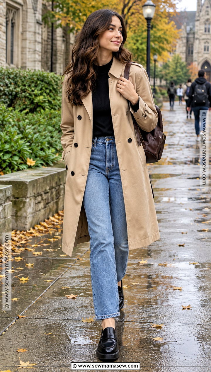 Trench Coat and Blue Jeans Fall School Outfit - 25 outfit ideas autumn school