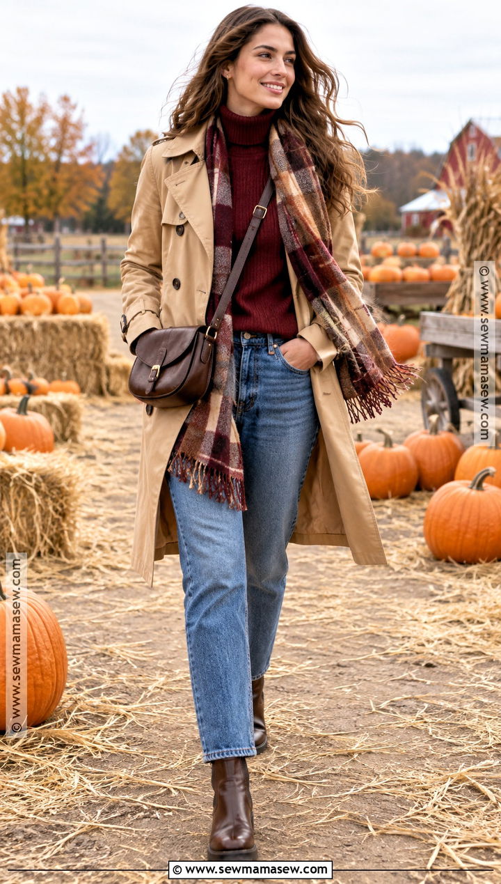 Trench Coat and Blue Jeans Pumpkin Patch Fit - 25 pumpkin patch fits