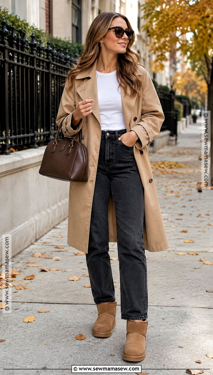 Trench Coat and Classic Mini UGGs Outfit - 20 uggs outfit fall ideas