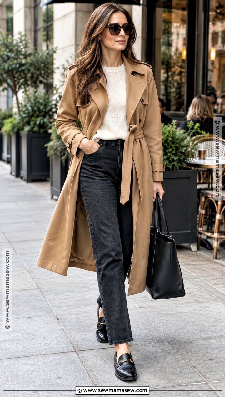 Trench Coat and Dark Jeans Fall Brunch Outfit - 20 Sunday Brunch Outfit Fall Ideas