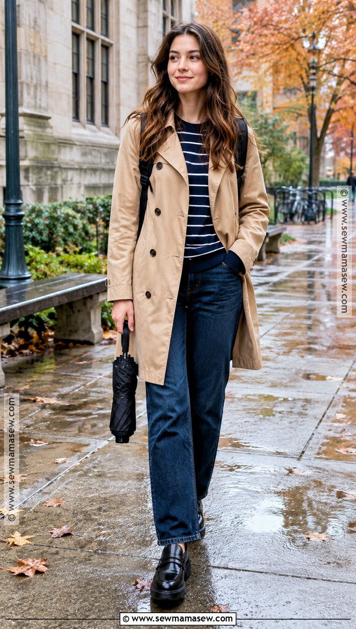 Trench Coat and Dark Wash Jeans School Outfit - 20 Fall Inspo Outfits For School
