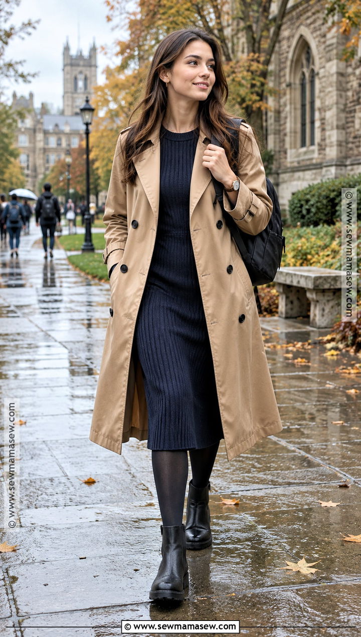 Trench Coat and Knit Dress School Outfit - 20 aesthetic fall outfits for school