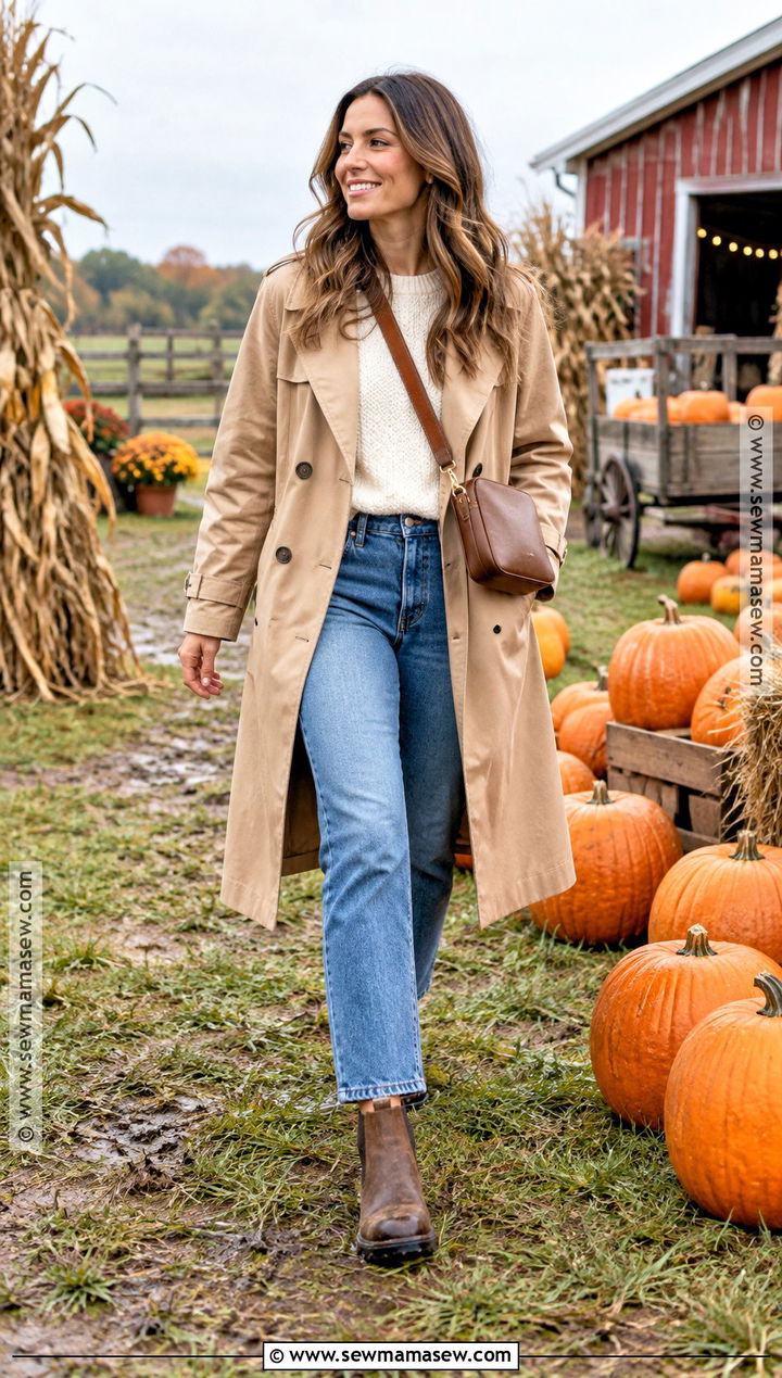 Trench Coat and Straight Jeans Pumpkin Patch Outfit - 20 Pumpkin Patch Mom Outfit Ideas