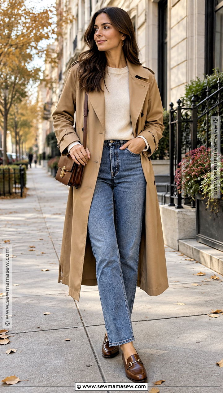 Trench Coat and Straight Leg Jeans Fall Outfit - 15 Women Fall Capsule Wardrobe Ideas