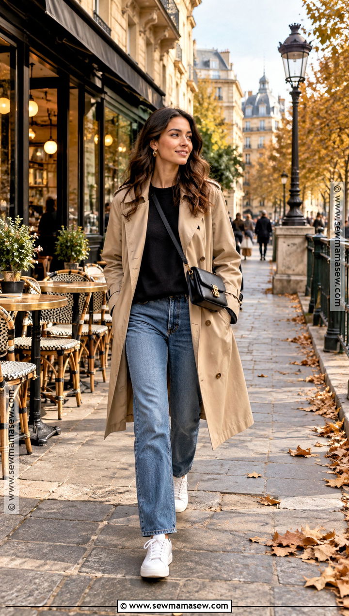Trench Coat and Straight Leg Jeans for Europe - 15 europe tourist outfit fall ideas