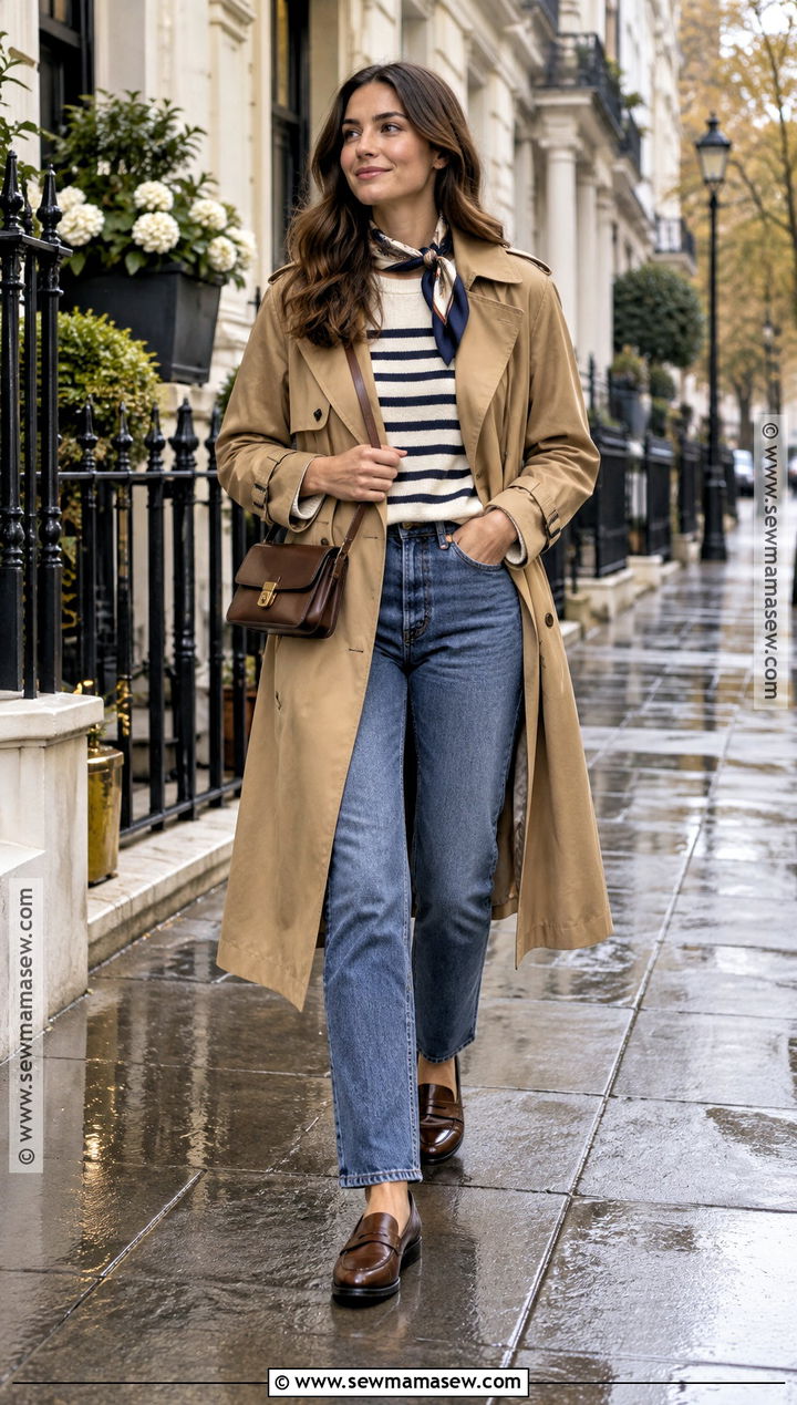 Trench Coat and Striped Sweater Preppy Fall Outfit - 20 Preppy Fall Outfits for Women