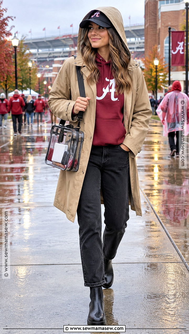 Trench Coat and Team Hoodie Rainy Game Day Outfit - 20 fall college football game outfit ideas