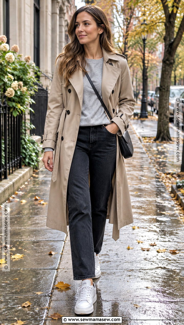 Trench Coat and White Sneakers Fall Outfit - 20 calm fall outfits