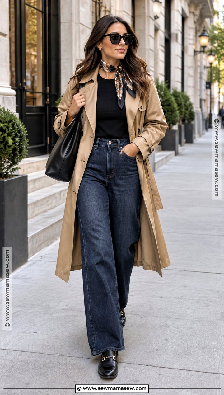 Trench Coat and Wide Leg Jeans Fall Outfit - 15 budget-friendly fall clothing ideas