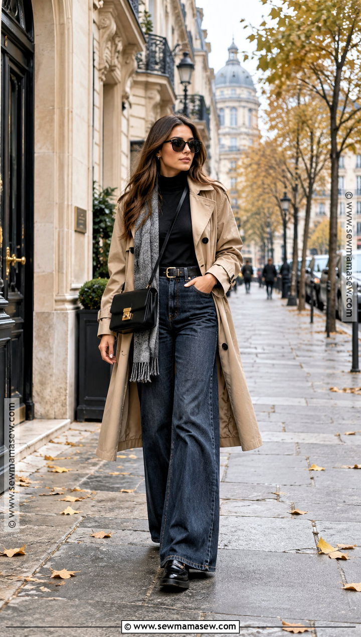 Trench Coat and Wide Leg Jeans Paris Outfit - 20 outfits for paris in october