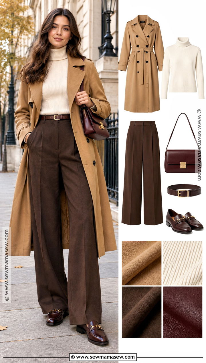 Trench Coat and Wide Leg Trousers Autumn Outfit - 15 cozy autumn outfit collage ideas