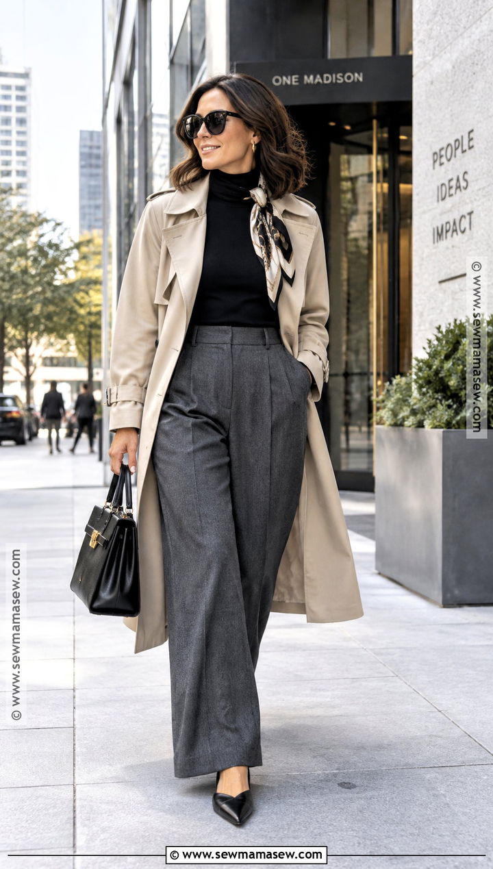Trench Coat and Wide Leg Trousers Fall Outfit - 15 fall fashion for over 30 ideas