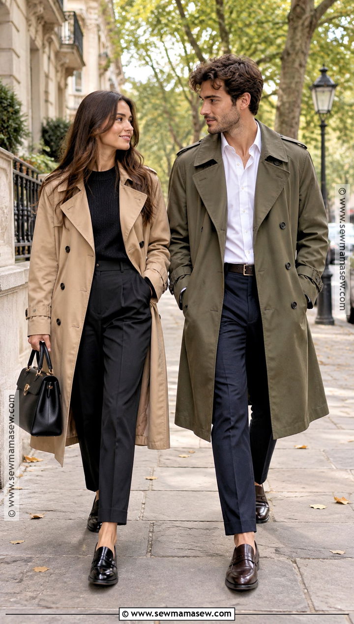 Trench Coats and Loafers Fall Couple Outfit - 15 outfit ideas for couples photoshoot fall