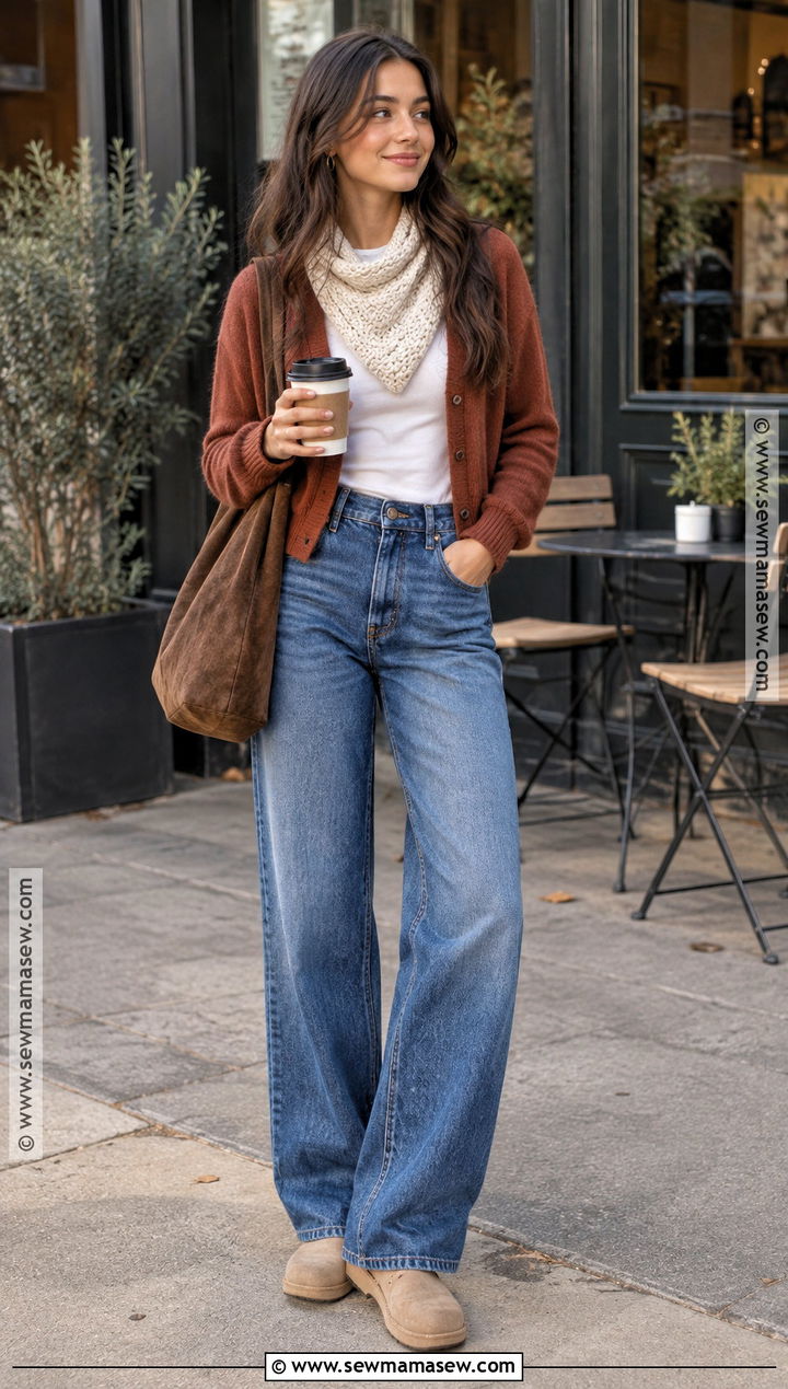 Triangle Scarf With Cardigan And Wide Leg Jeans - 25 fall scarf ideas